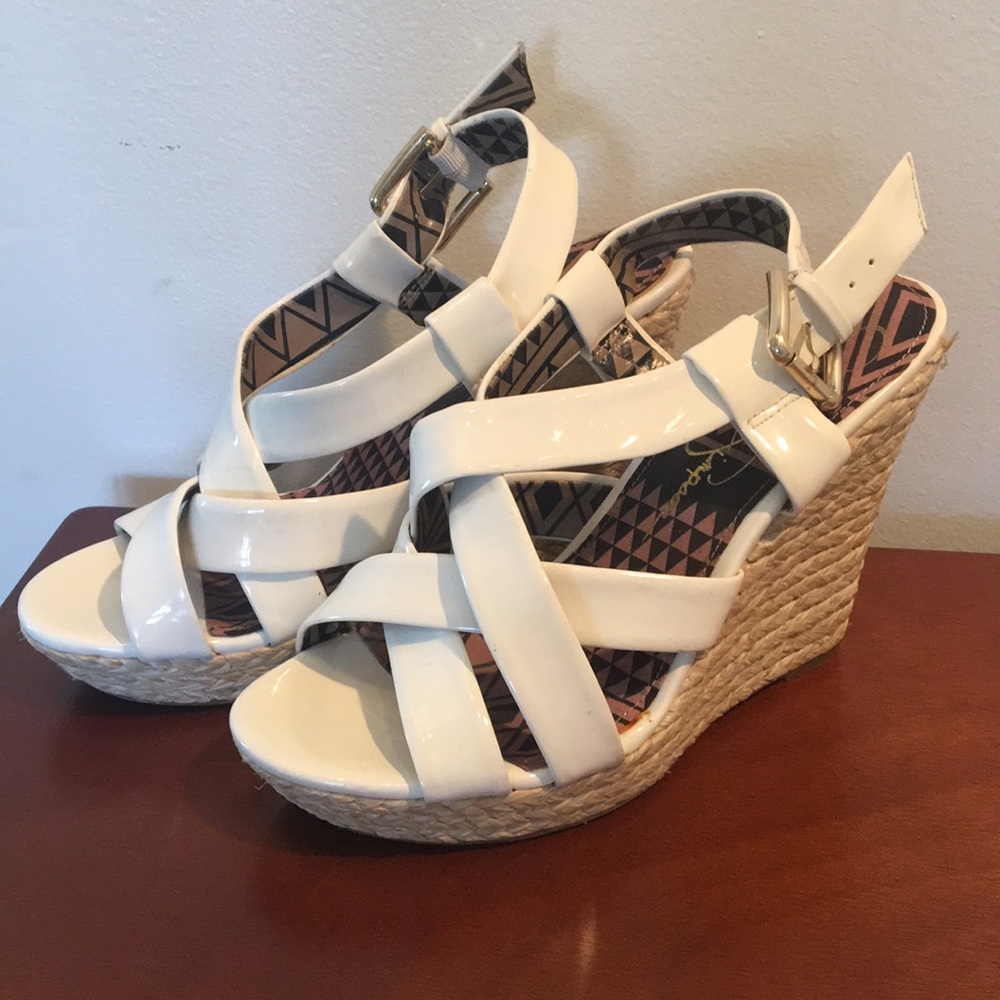 White patent leather Jessica Simpson wedges
